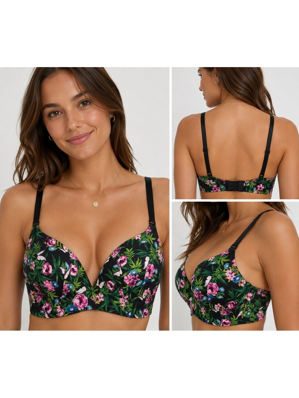 Victoria’s Secret 32D Black Floral Wireless Lightly Lined Bra Pink Green Flowers